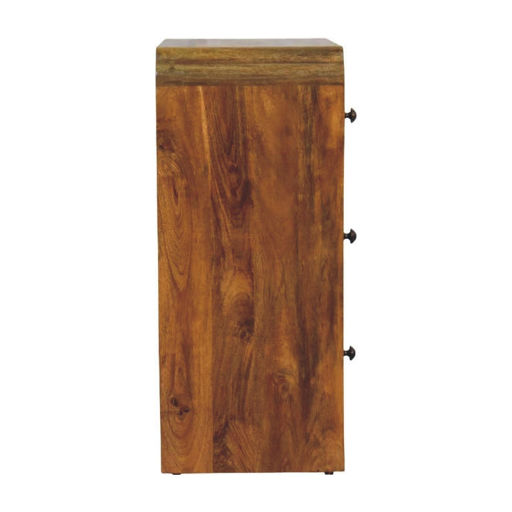 Amber Oak Scalloped Edge Storage Chest in Solid Mango Wood - product view 8 showing handcrafted solid mango wood dresser