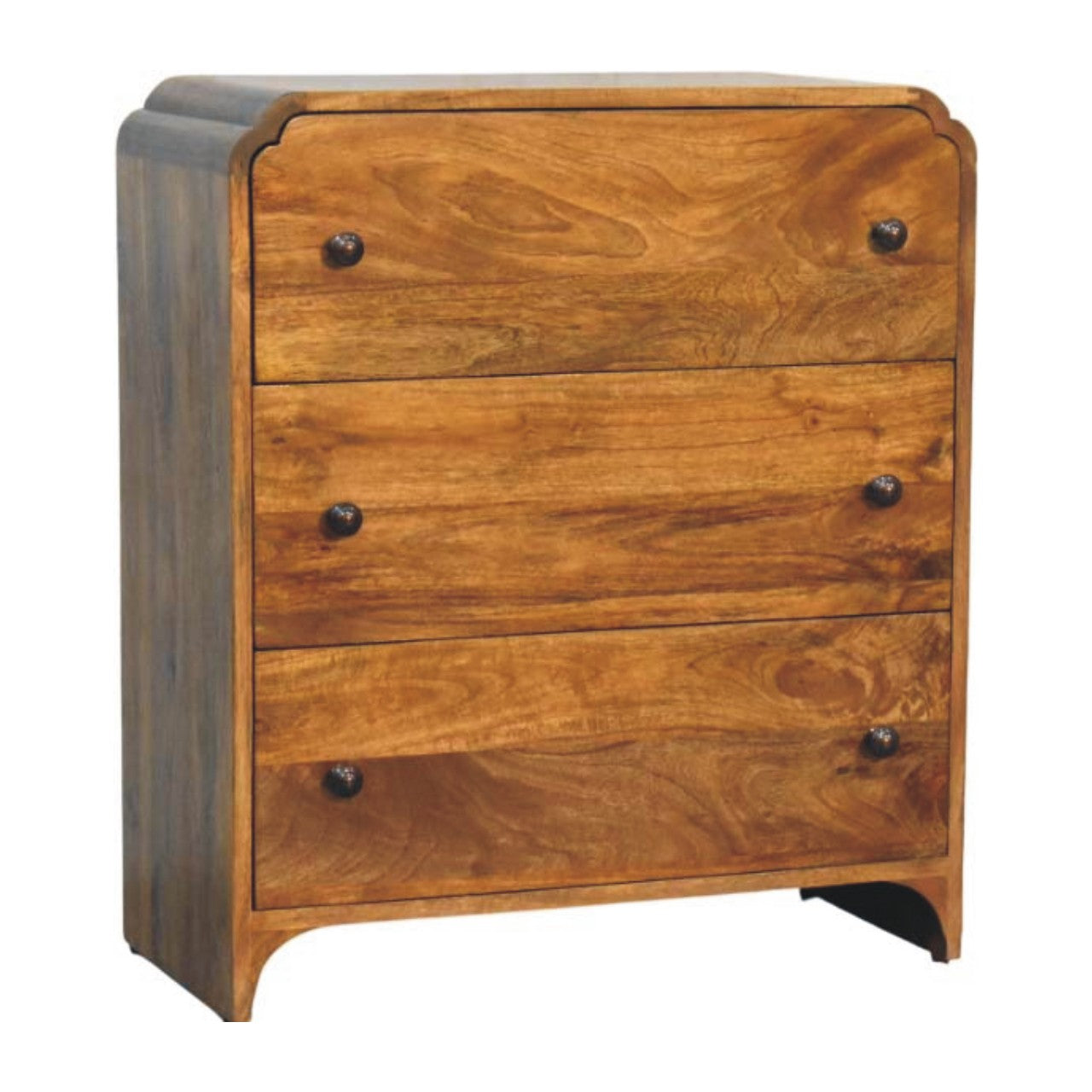 Amber Oak Scalloped Edge Storage Chest in Solid Mango Wood - product view 2 showing handcrafted solid mango wood dresser
