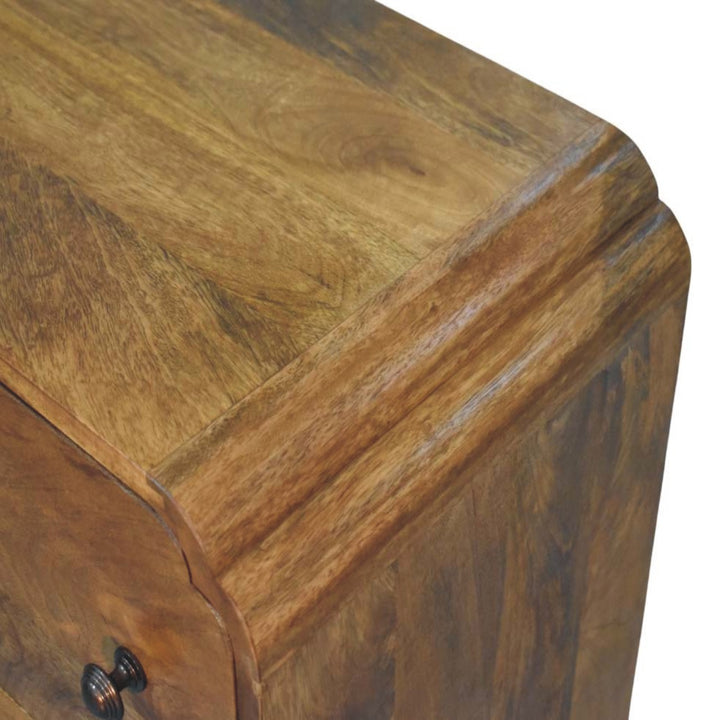 Amber Oak Scalloped Edge Storage Chest in Solid Mango Wood - product view 5 showing handcrafted solid mango wood dresser