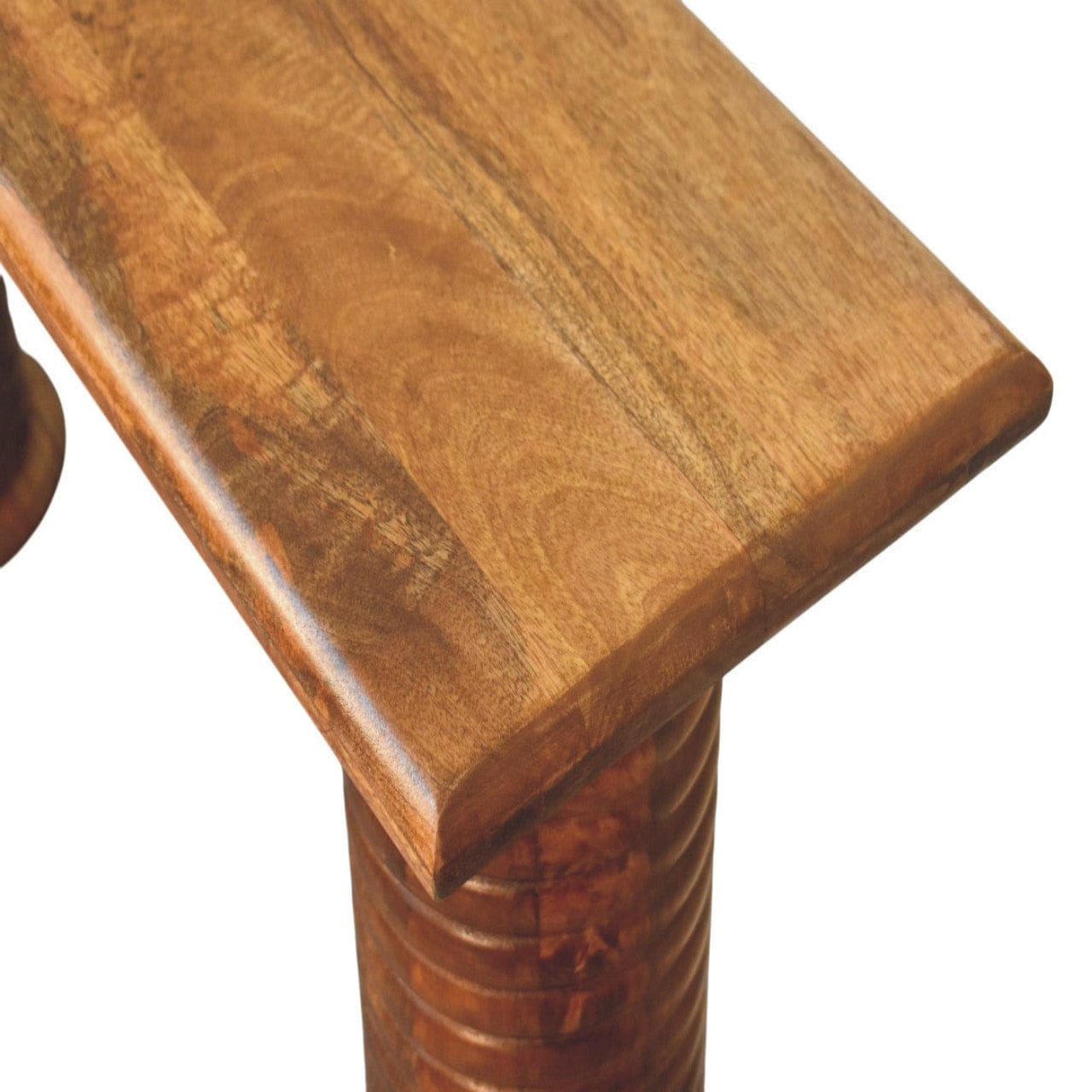 Sculpted Leg Console Table - Solid Mango Wood Entryway Console in Amber Oak - product view 6 showing handcrafted solid...