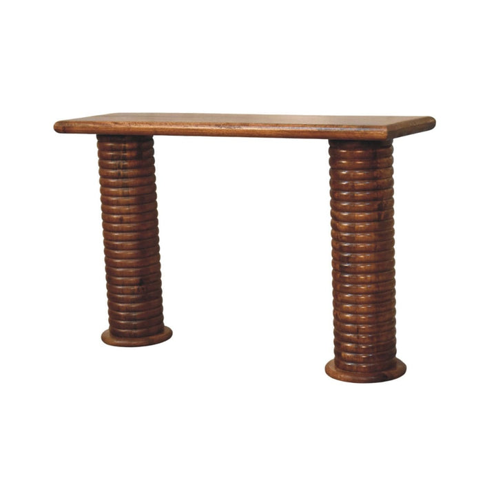 Sculpted Leg Console Table - Solid Mango Wood Entryway Console in Amber Oak - product view 2 showing handcrafted solid...