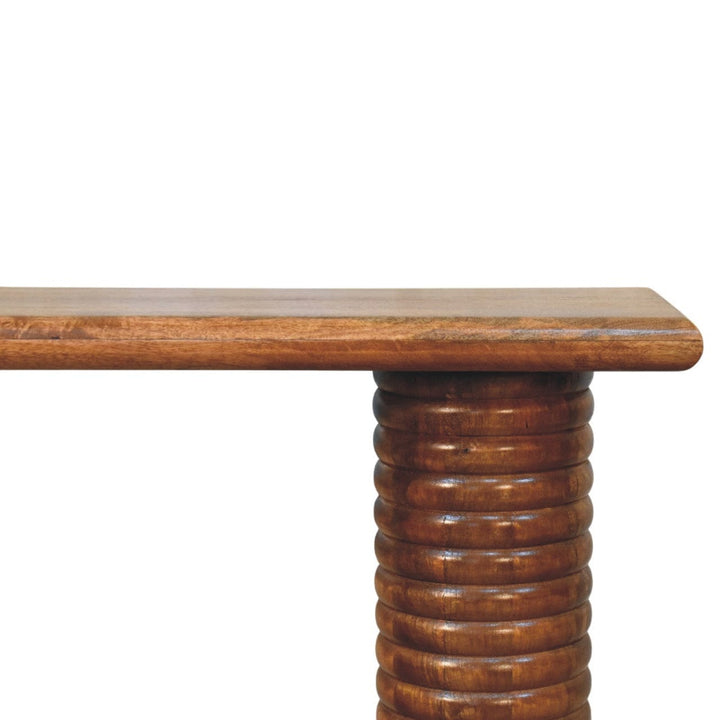 Sculpted Leg Console Table - Solid Mango Wood Entryway Console in Amber Oak - product view 4 showing handcrafted solid...