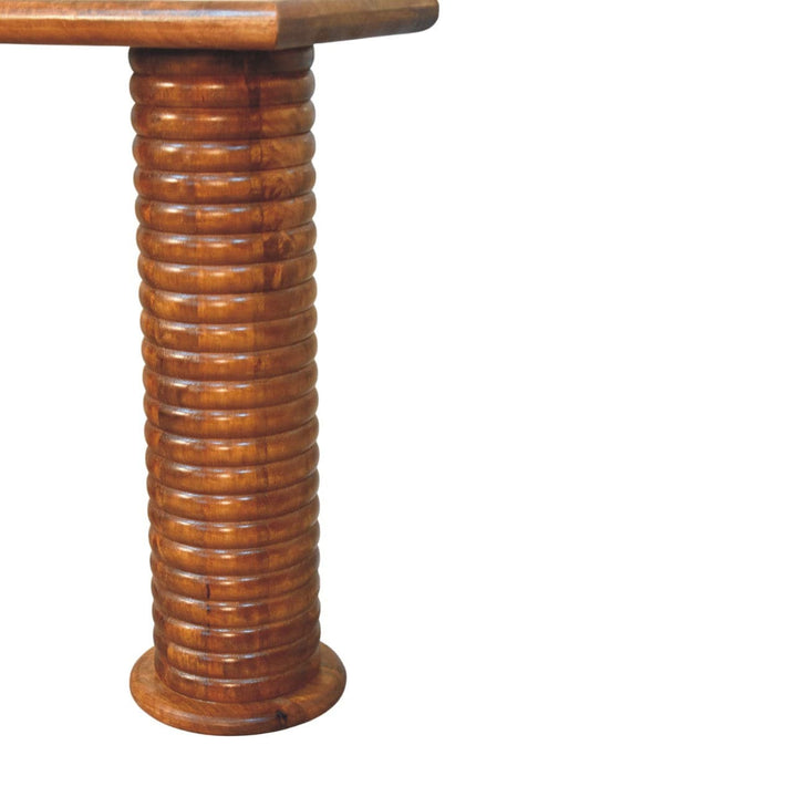 Sculpted Leg Console Table - Solid Mango Wood Entryway Console in Amber Oak - product view 7 showing handcrafted solid...