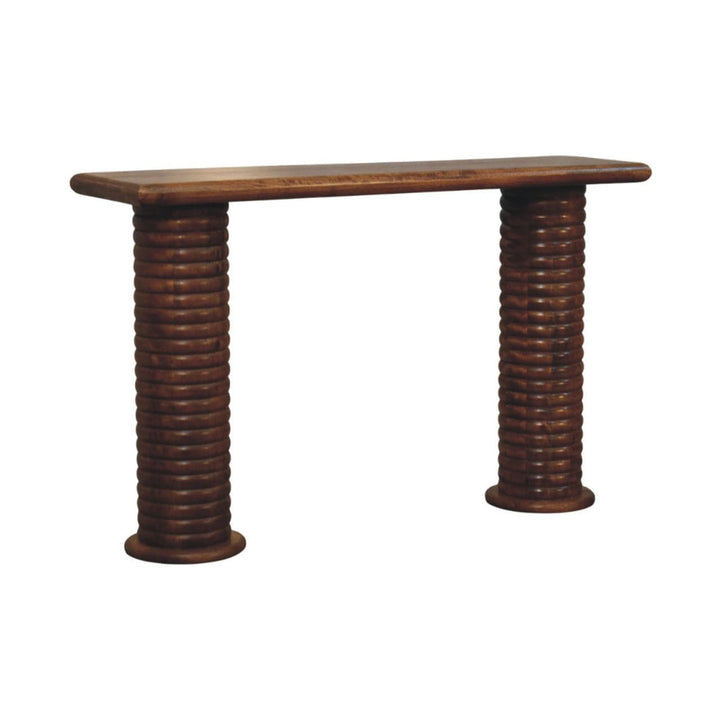 Sculpted Leg Console Table - Solid Mango Wood Entryway Console in Amber Oak - product view 3 showing handcrafted solid...