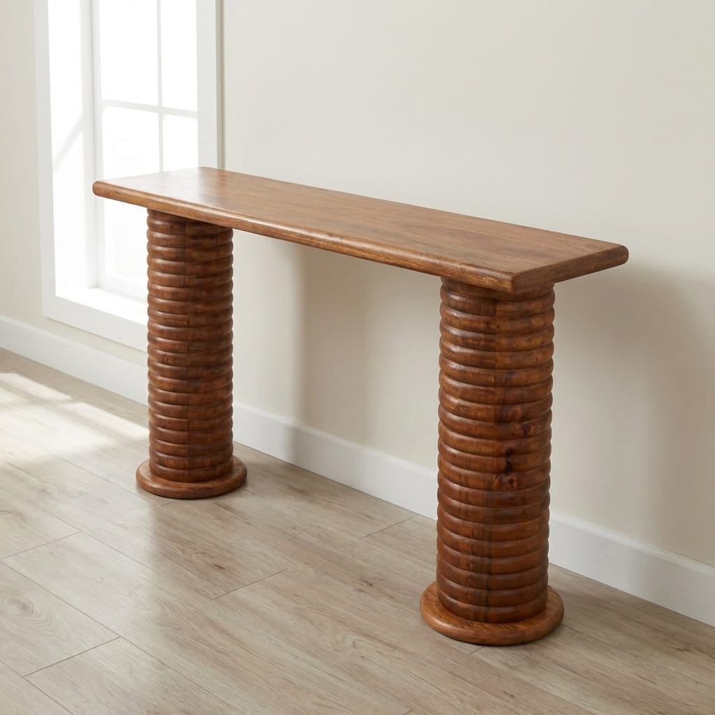Sculpted Leg Console Table - Solid Mango Wood Entryway Console in Amber Oak - main view showing handcrafted solid mango...