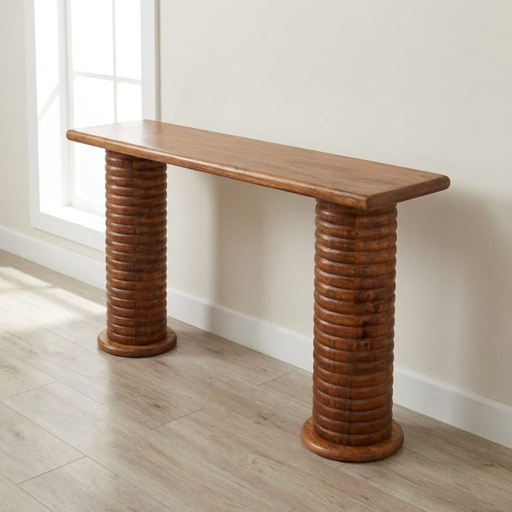 Sculpted Leg Console Table - Solid Mango Wood Entryway Console in Amber Oak - main view showing handcrafted solid mango...