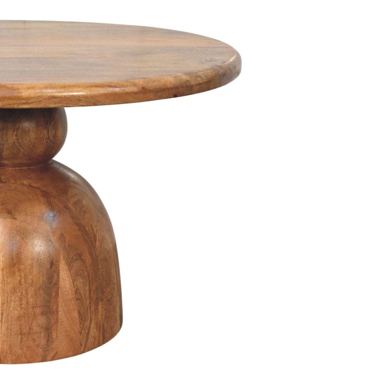 Sculpted Pedestal Coffee Table in Solid Mango Wood - product view 4 showing handcrafted solid mango wood coffee table