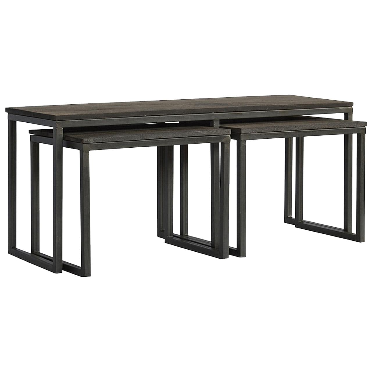 Set of 3 Iron Base Tables in Solid Mango Wood - product view 2 showing handcrafted solid mango wood furniture