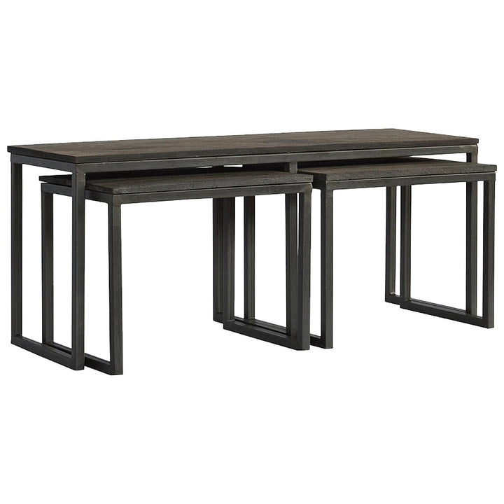 Set of 3 Iron Base Tables in Solid Mango Wood - product view 2 showing handcrafted solid mango wood furniture