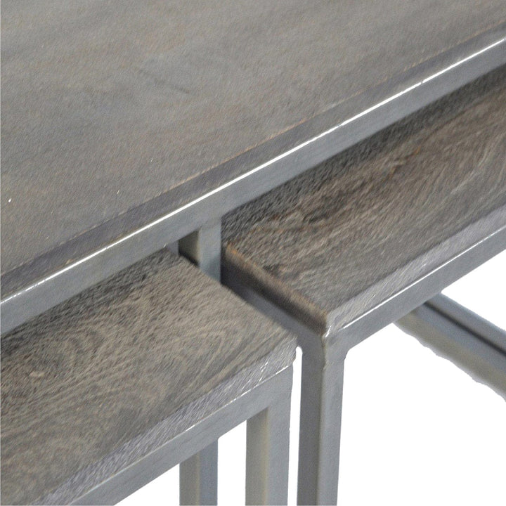 Set of 3 Iron Base Tables in Solid Mango Wood - product view 3 showing handcrafted solid mango wood furniture
