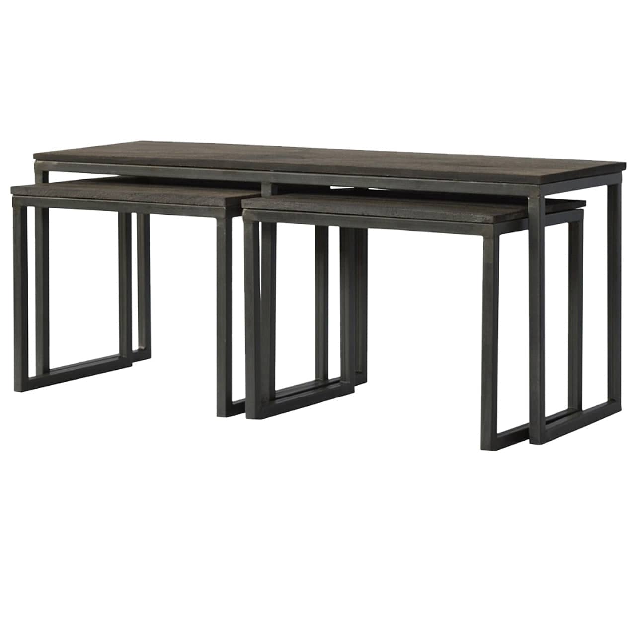 Set of 3 Iron Base Tables in Solid Mango Wood - main view showing handcrafted solid mango wood furniture