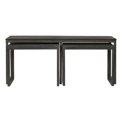 Set of 3 Iron Base Tables in Solid Mango Wood - product view 8 showing handcrafted solid mango wood furniture