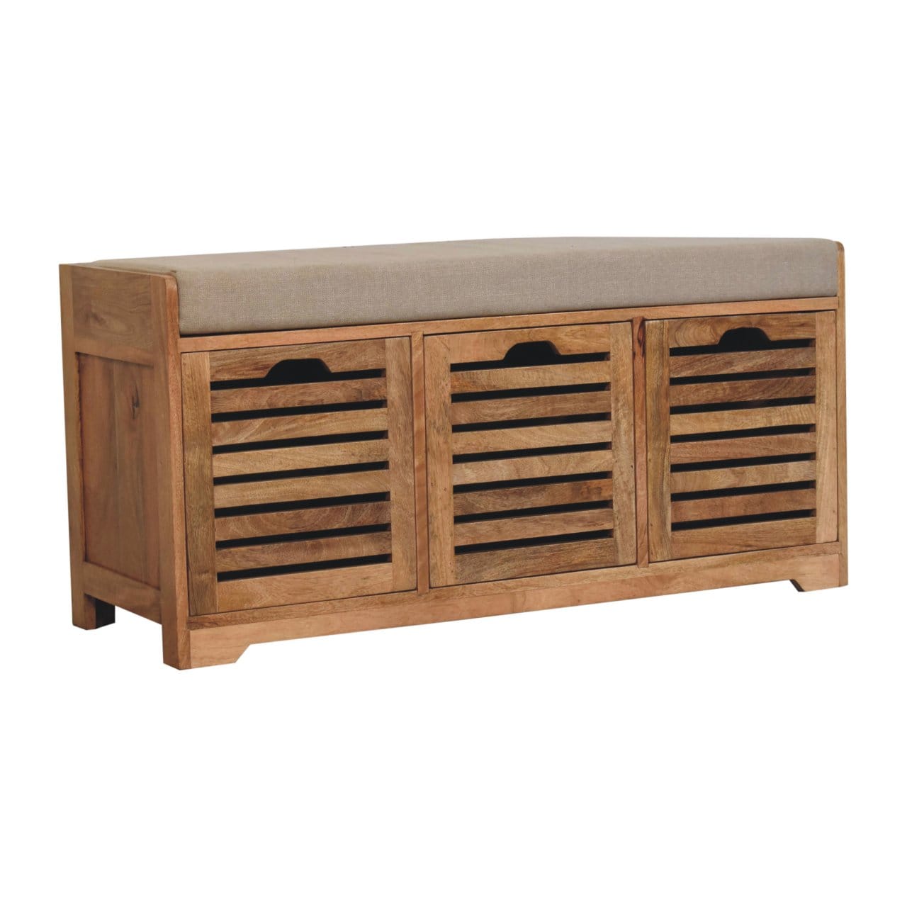 Shutter Oak-ish Shoe Bench - Solid Mango Wood Seating Furniture for Entryway - product view 4 showing handcrafted solid...