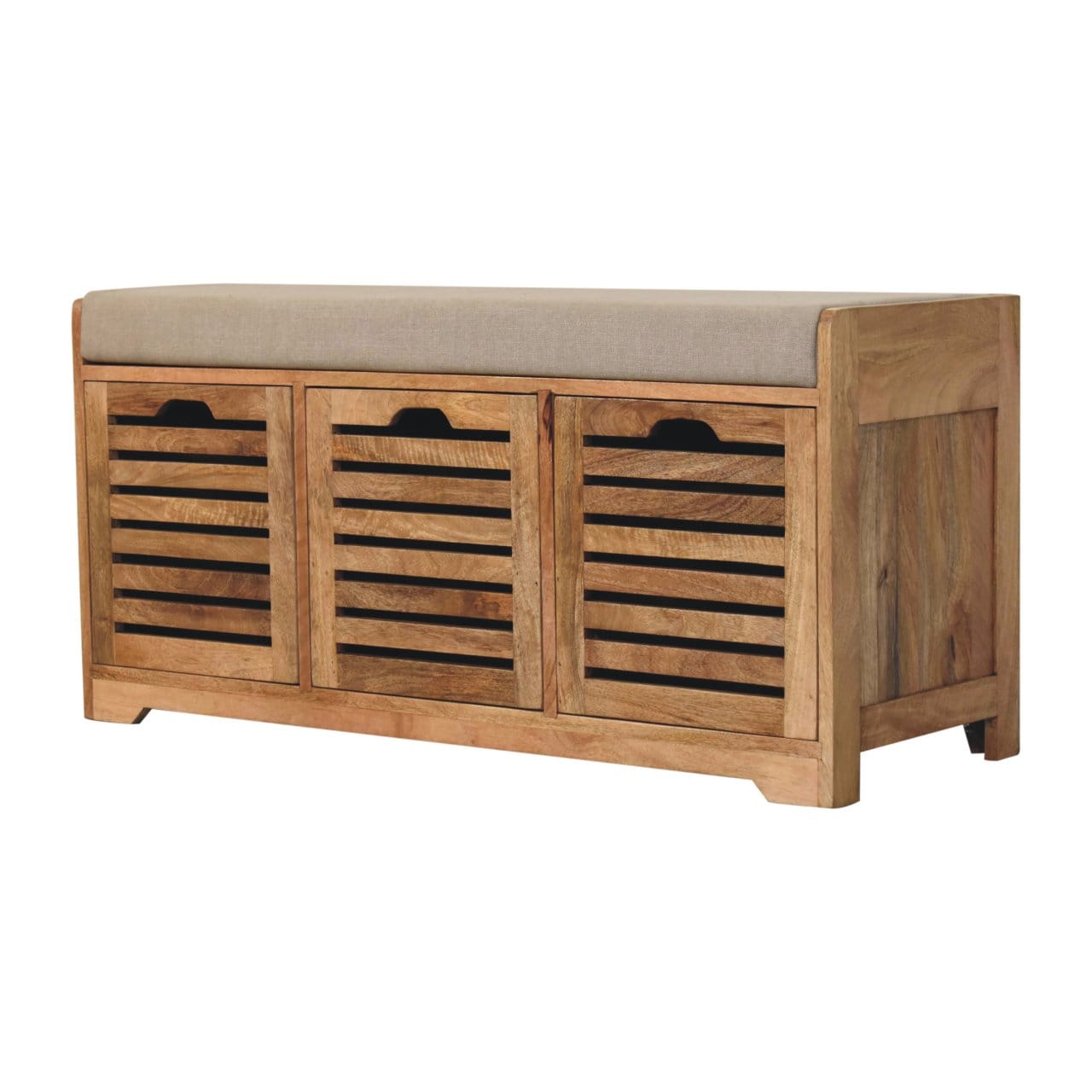 Shutter Oak-ish Shoe Bench - Solid Mango Wood Seating Furniture for Entryway - product view 3 showing handcrafted solid...