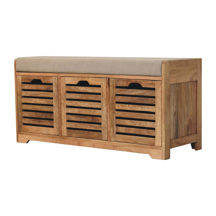 Shutter Oak-ish Shoe Bench - Solid Mango Wood Seating Furniture for Entryway - product view 3 showing handcrafted solid...