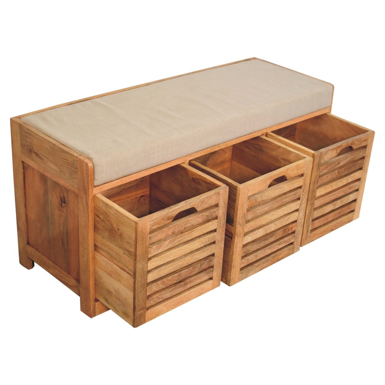 Shutter Oak-ish Shoe Bench - Solid Mango Wood Seating Furniture for Entryway - product view 6 showing handcrafted solid...