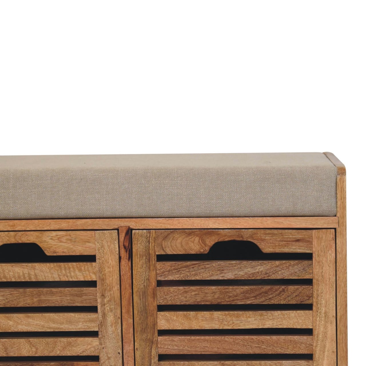 Shutter Oak-ish Shoe Bench - Solid Mango Wood Seating Furniture for Entryway - product view 5 showing handcrafted solid...