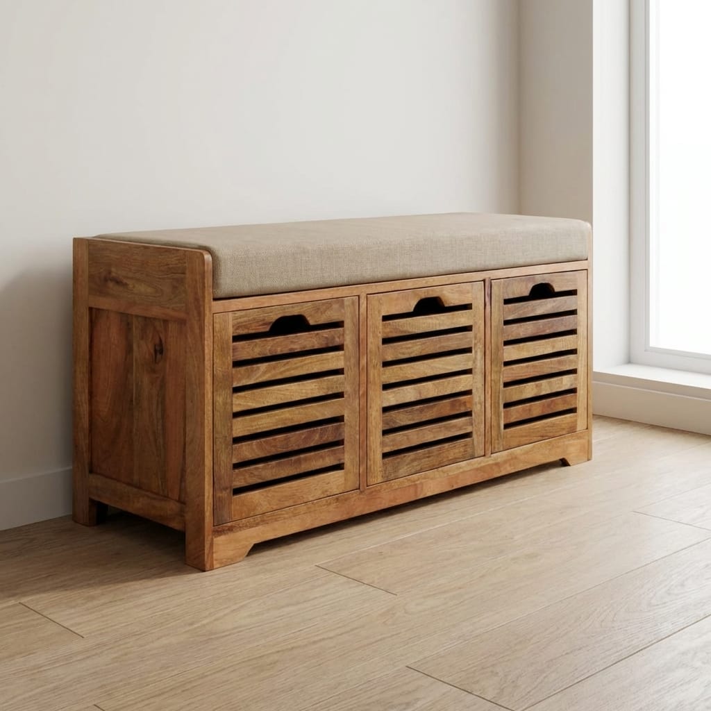 Shutter Oak-ish Shoe Bench - Solid Mango Wood Seating Furniture for Entryway - main view showing handcrafted solid mango...