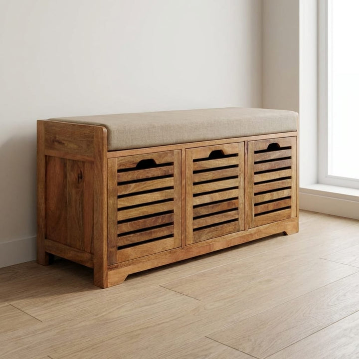 Shutter Oak-ish Shoe Bench - Solid Mango Wood Seating Furniture for Entryway - main view showing handcrafted solid mango...