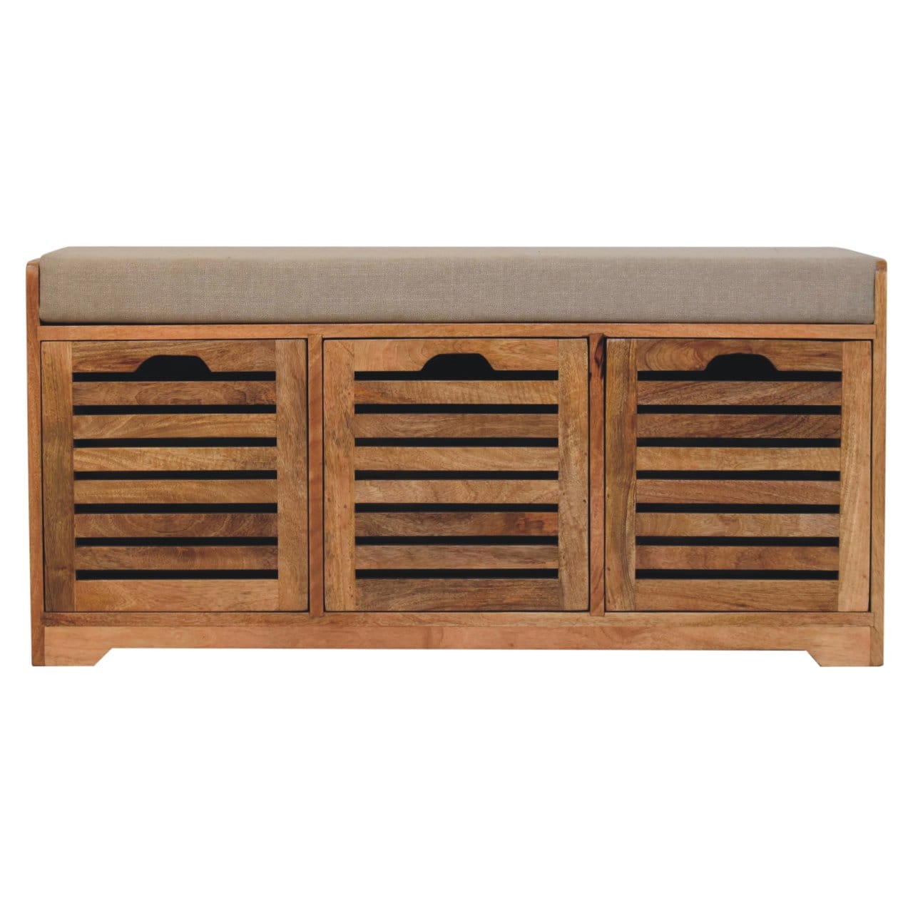 Shutter Oak-ish Shoe Bench - Solid Mango Wood Seating Furniture for Entryway - product view 2 showing handcrafted solid...