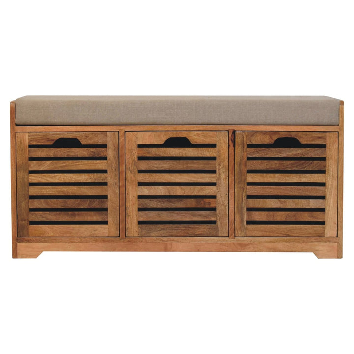 Shutter Oak-ish Shoe Bench - Solid Mango Wood Seating Furniture for Entryway - product view 2 showing handcrafted solid...