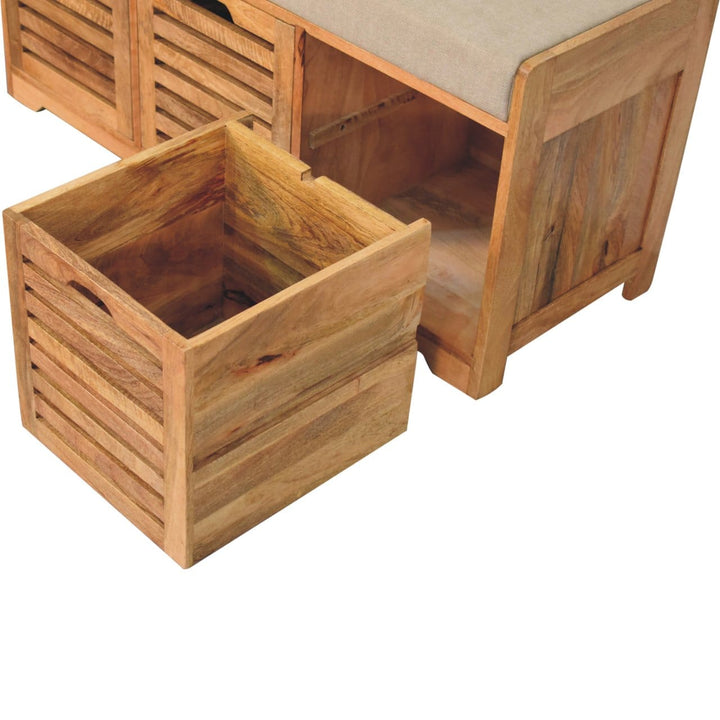 Shutter Oak-ish Shoe Bench - Solid Mango Wood Seating Furniture for Entryway - product view 7 showing handcrafted solid...