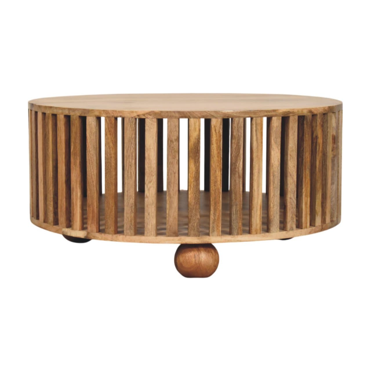 Slatted Round Oak-ish Coffee Table - Solid Mango Wood Center Table for Living Room - product view 2 showing handcrafted...
