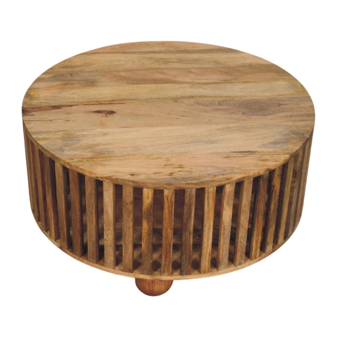 Slatted Round Oak-ish Coffee Table - Solid Mango Wood Center Table for Living Room - product view 4 showing handcrafted...