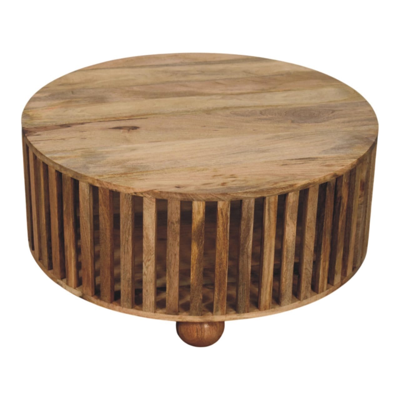 Slatted Round Oak-ish Coffee Table - Solid Mango Wood Center Table for Living Room - product view 5 showing handcrafted...