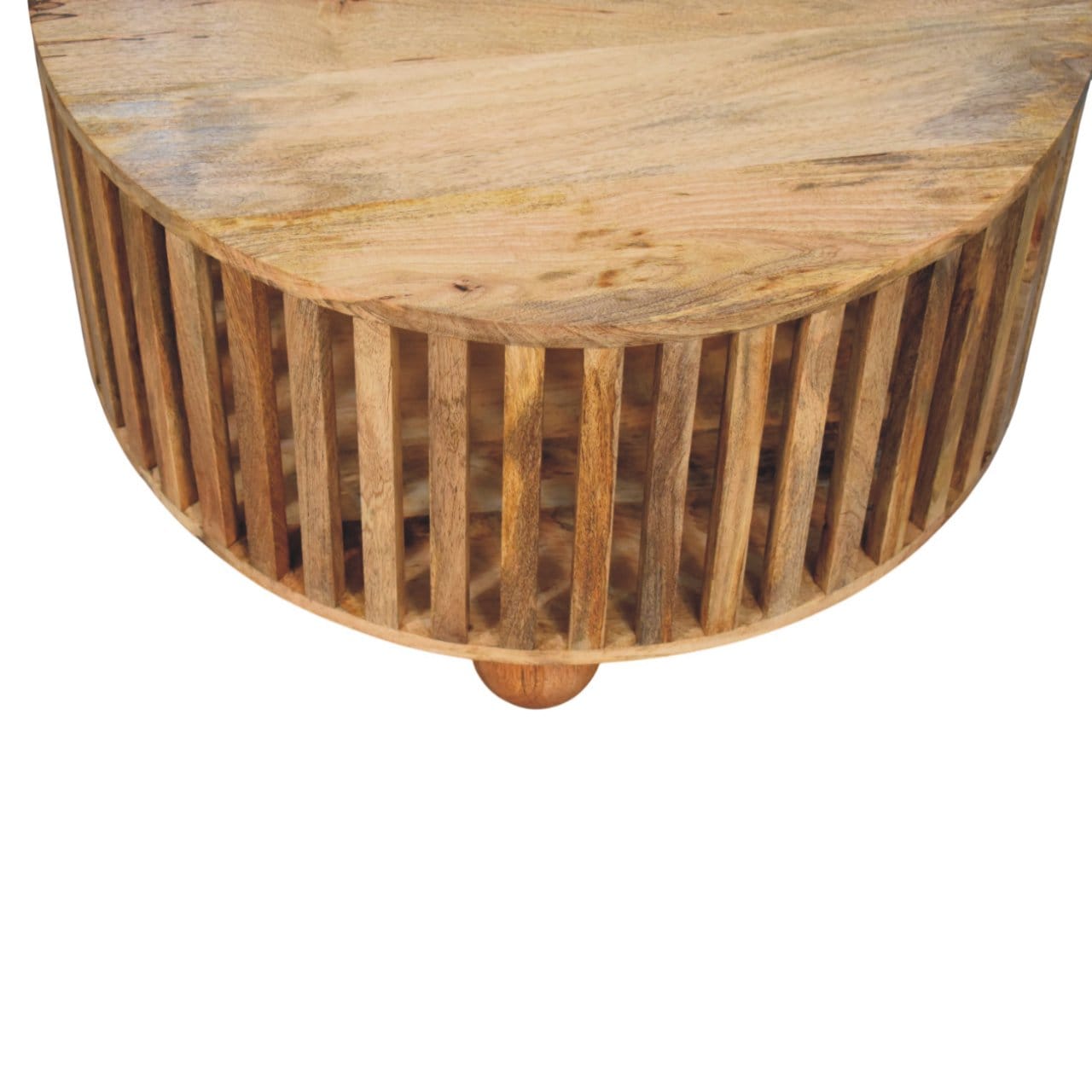 Slatted Round Oak-ish Coffee Table - Solid Mango Wood Center Table for Living Room - product view 7 showing handcrafted...