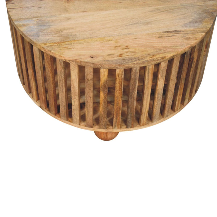 Slatted Round Oak-ish Coffee Table - Solid Mango Wood Center Table for Living Room - product view 7 showing handcrafted...