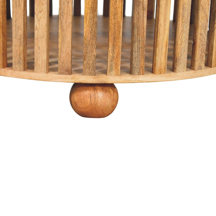 Slatted Round Oak-ish Coffee Table - Solid Mango Wood Center Table for Living Room - product view 6 showing handcrafted...