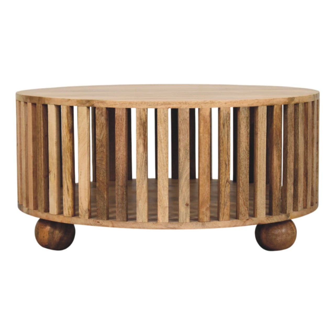 Slatted Round Oak-ish Coffee Table - Solid Mango Wood Center Table for Living Room - product view 3 showing handcrafted...