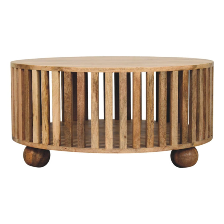 Slatted Round Oak-ish Coffee Table - Solid Mango Wood Center Table for Living Room - product view 3 showing handcrafted...