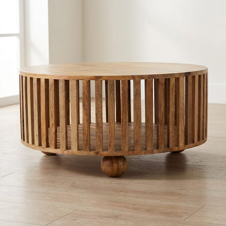 Slatted Round Oak-ish Coffee Table - Solid Mango Wood Center Table for Living Room - main view showing handcrafted solid...