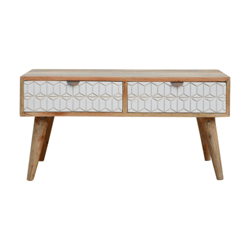 Carved Sleek White Coffee Table - Solid Mango Wood Center Table for Living Room - product view 8 showing handcrafted...