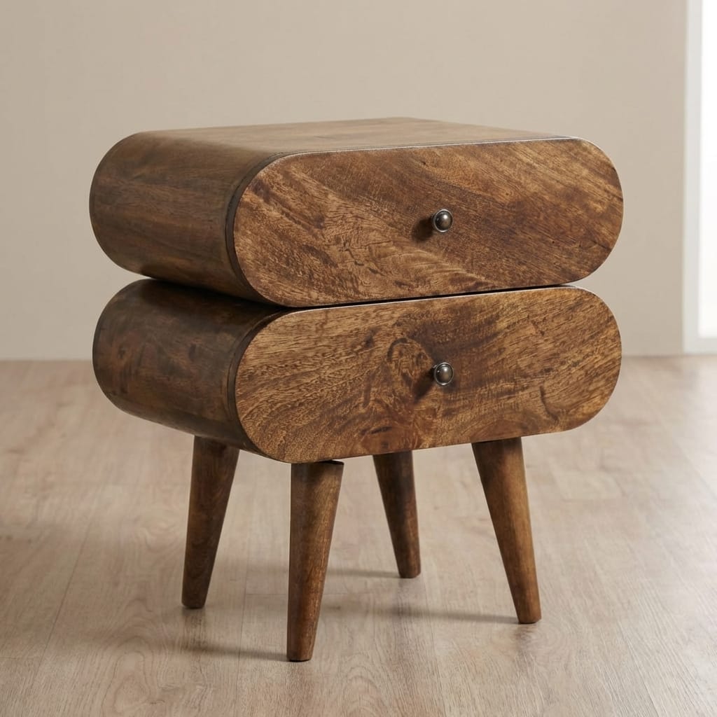 Slimline 2-Drawer Bedside Table in Classic Grey – Solid Mango Wood Nightstand with rounded edges and two drawers.