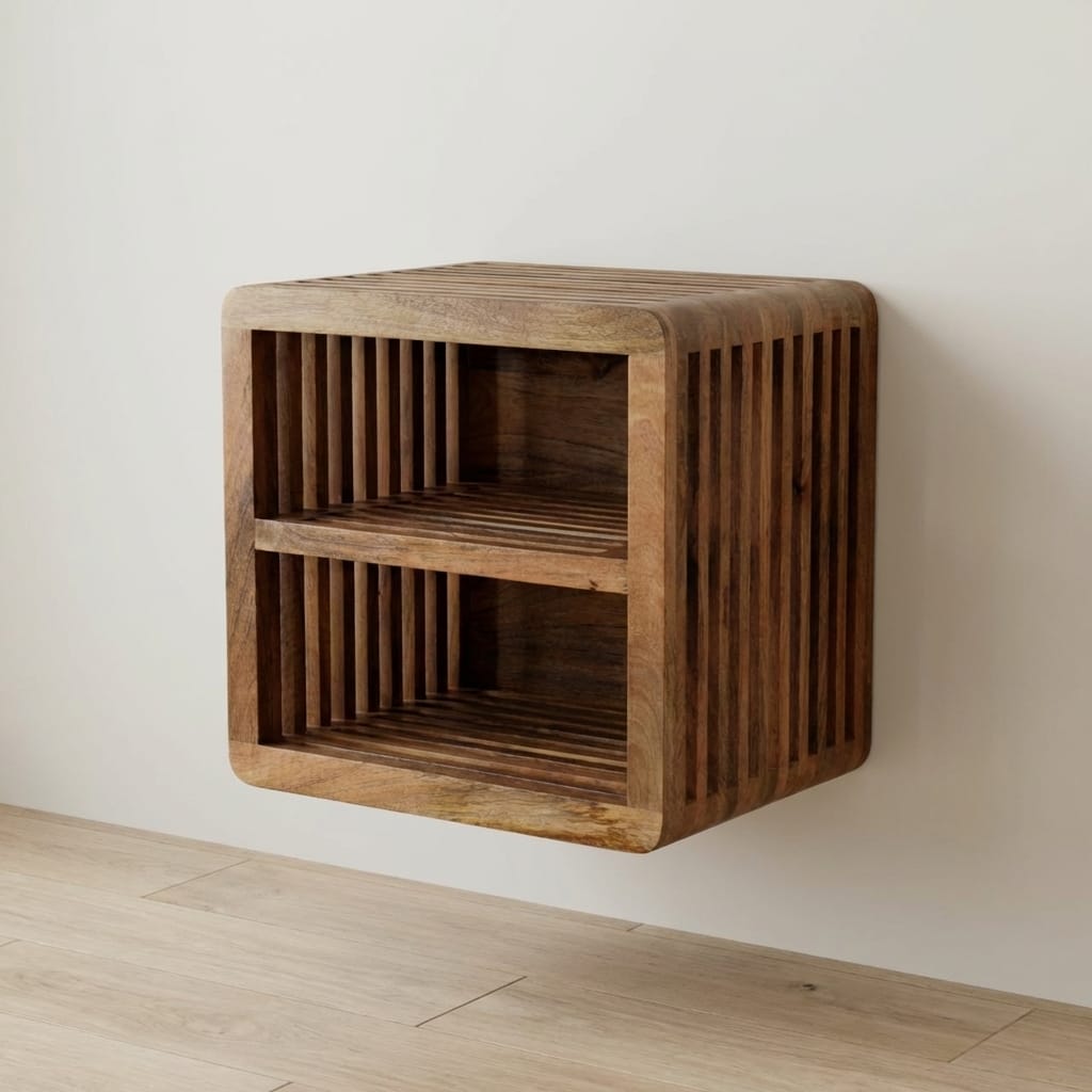 Soba Floating Nightstand - Solid Mango Wood Bedside Table for Bedroom - main view showing handcrafted solid mango wood...