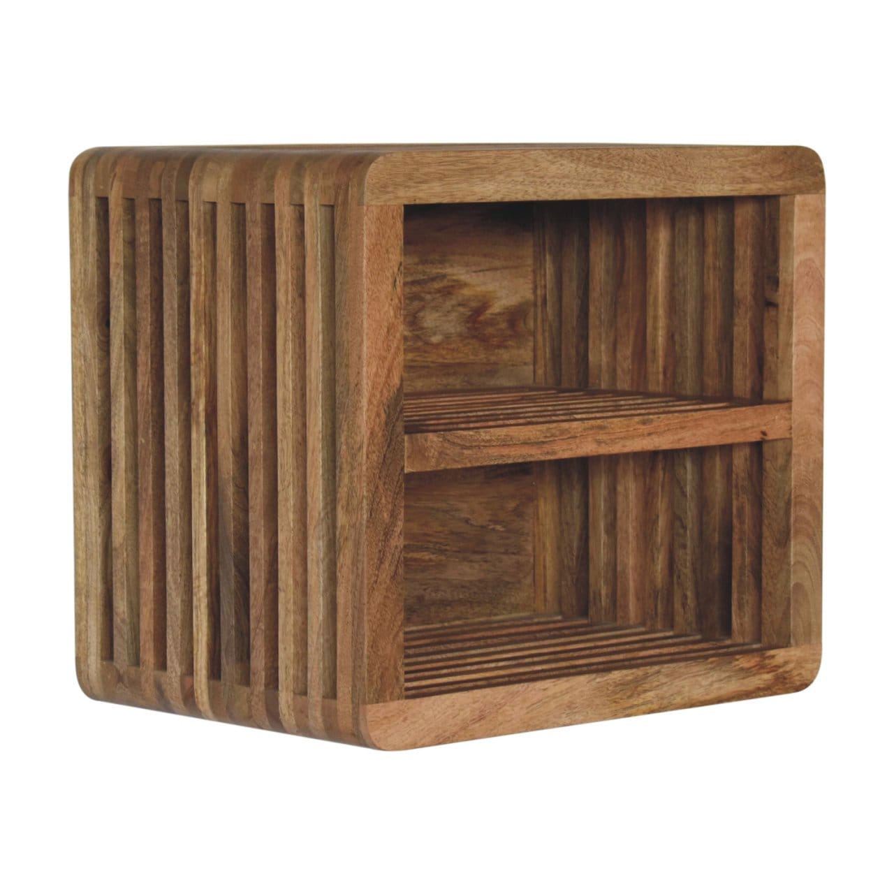 Soba Floating Nightstand - Solid Mango Wood Bedside Table for Bedroom - product view 4 showing handcrafted solid mango...