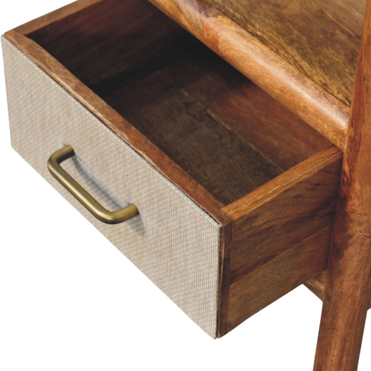 Golden Teak Rattan Bedside Table in Solid Mango Wood - product view 5 showing handcrafted solid mango wood nightstand