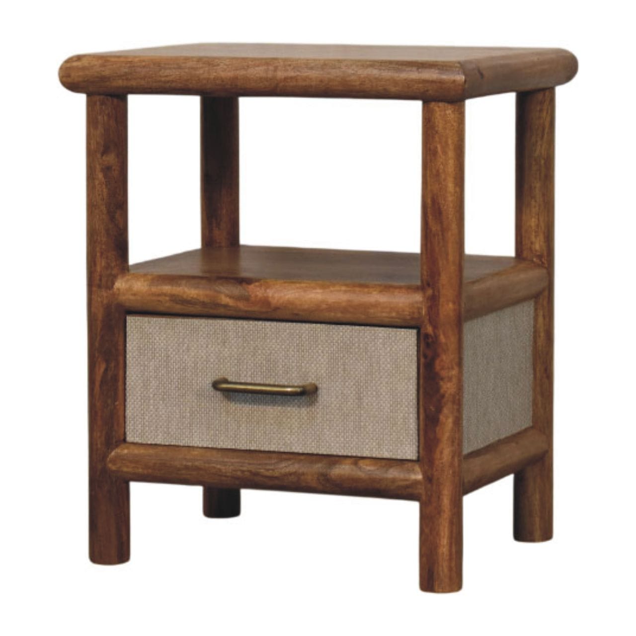 Golden Teak Rattan Bedside Table in Solid Mango Wood - main view showing handcrafted solid mango wood nightstand