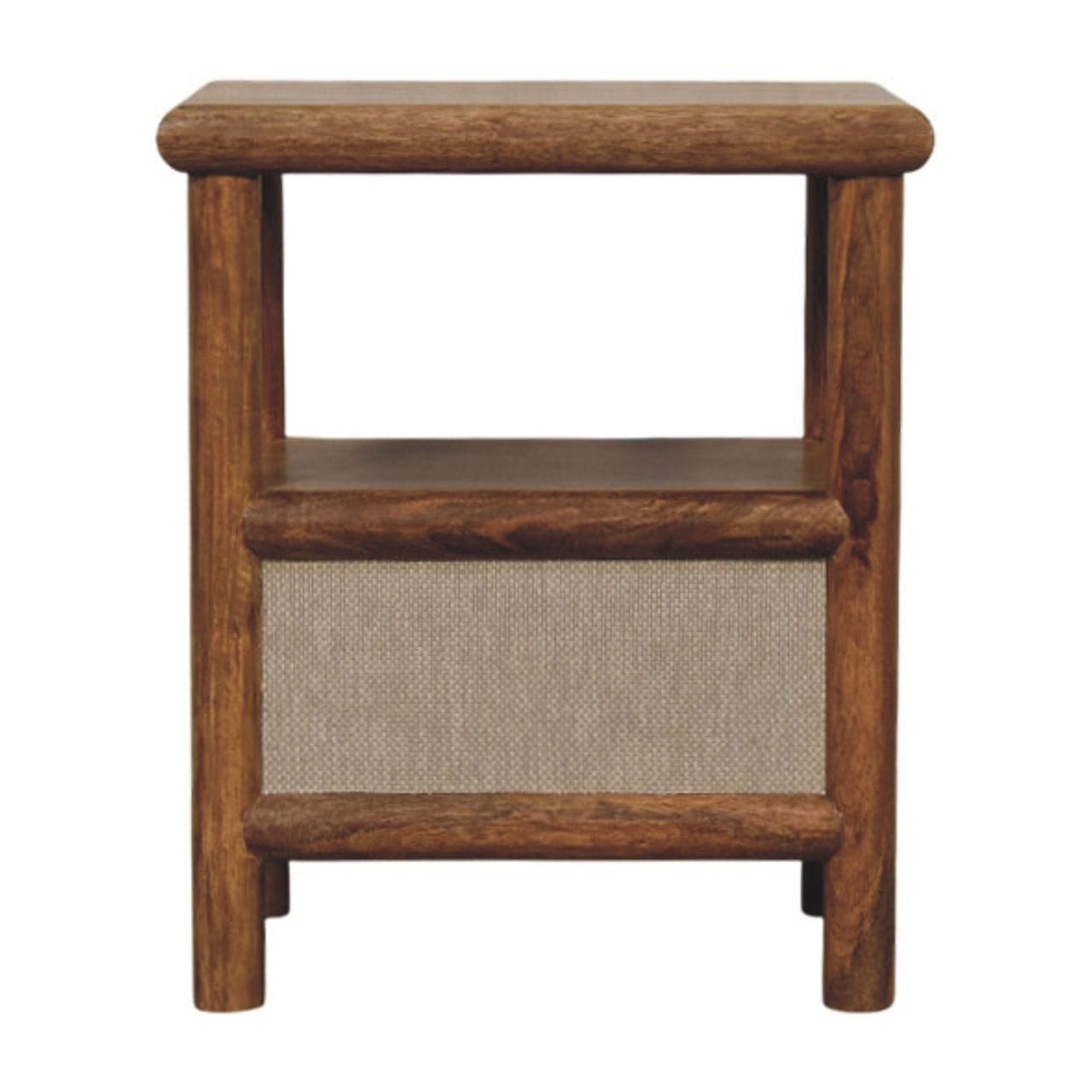 Golden Teak Rattan Bedside Table in Solid Mango Wood - product view 8 showing handcrafted solid mango wood nightstand
