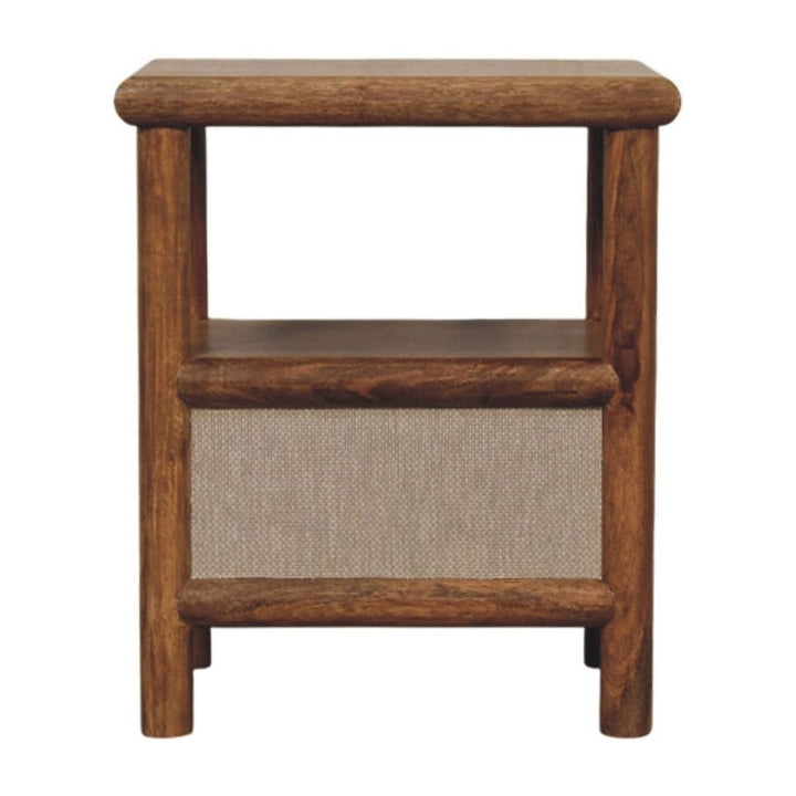 Golden Teak Rattan Bedside Table in Solid Mango Wood - product view 8 showing handcrafted solid mango wood nightstand
