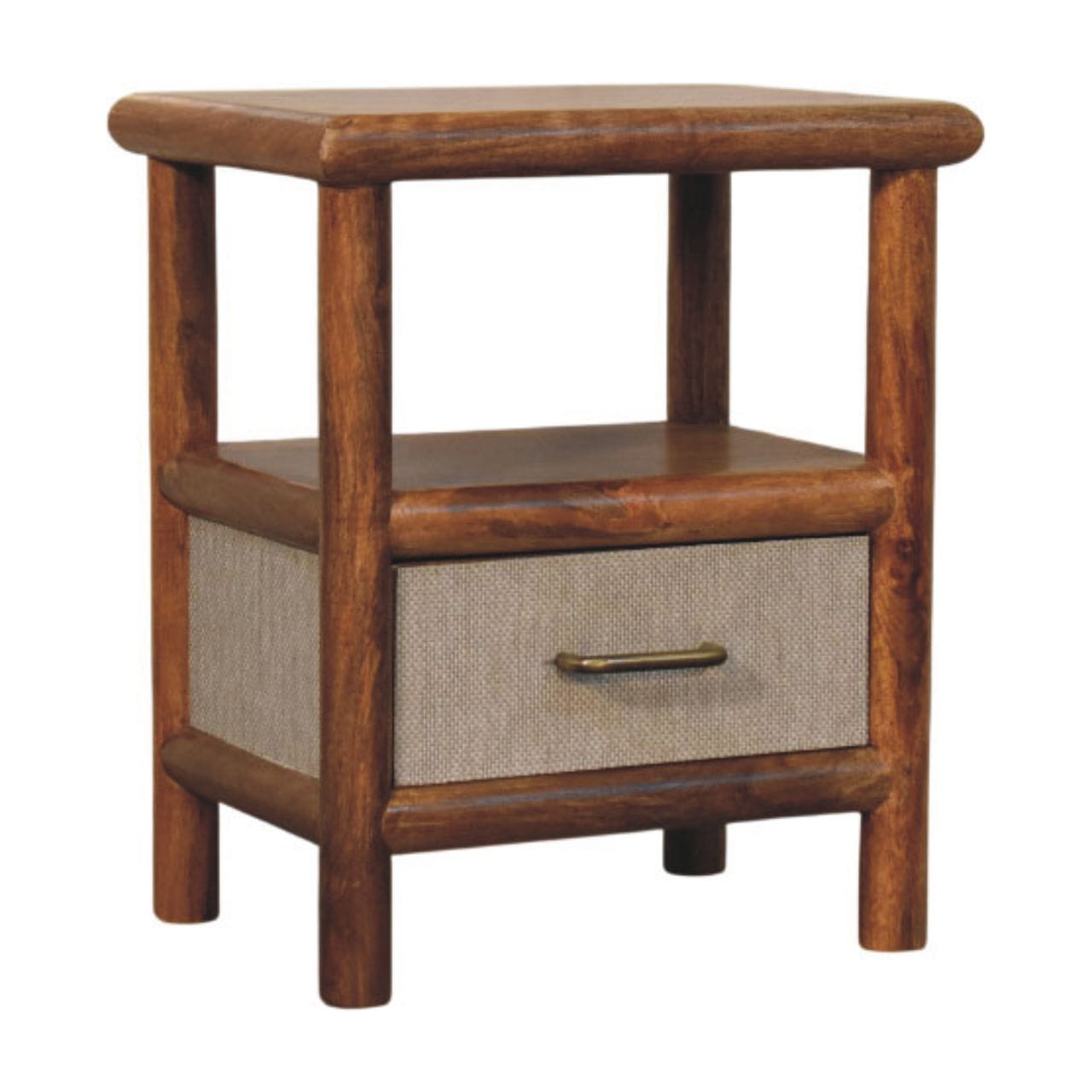 Golden Teak Rattan Bedside Table in Solid Mango Wood - product view 2 showing handcrafted solid mango wood nightstand
