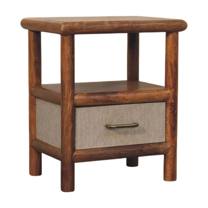 Golden Teak Rattan Bedside Table in Solid Mango Wood - product view 2 showing handcrafted solid mango wood nightstand