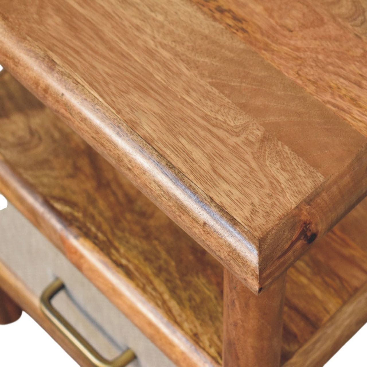 Golden Teak Rattan Bedside Table in Solid Mango Wood - product view 4 showing handcrafted solid mango wood nightstand