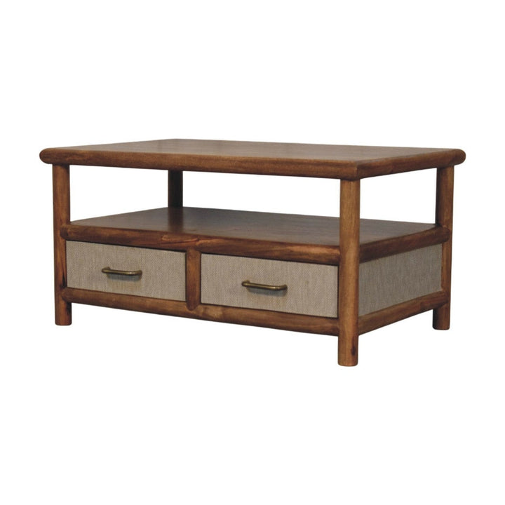 Golden Teak Rattan Coffee Table in Solid Mango Wood - product view 2 showing handcrafted solid mango wood coffee table