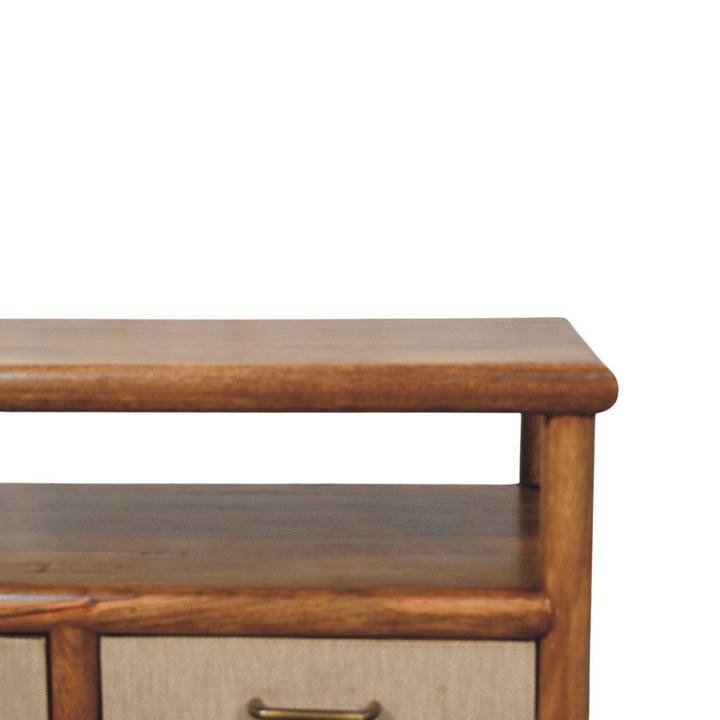 Golden Teak Rattan Coffee Table in Solid Mango Wood - product view 3 showing handcrafted solid mango wood coffee table