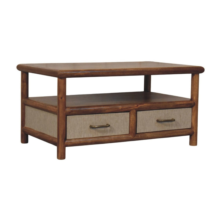 Golden Teak Rattan Coffee Table in Solid Mango Wood - main view showing handcrafted solid mango wood coffee table