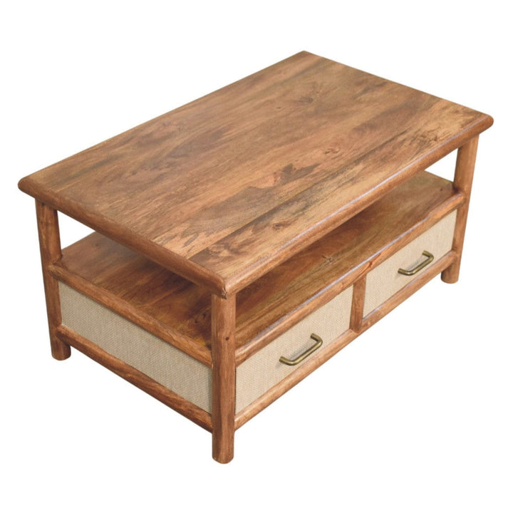 Golden Teak Rattan Coffee Table in Solid Mango Wood - product view 4 showing handcrafted solid mango wood coffee table